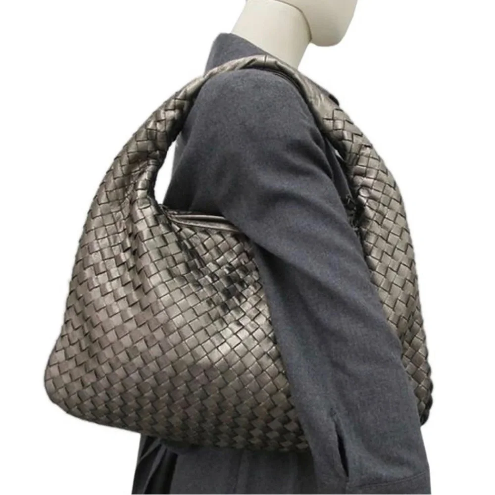 Bottega leather  Veneta Metallic Silver Intrecciato Hobo Bag